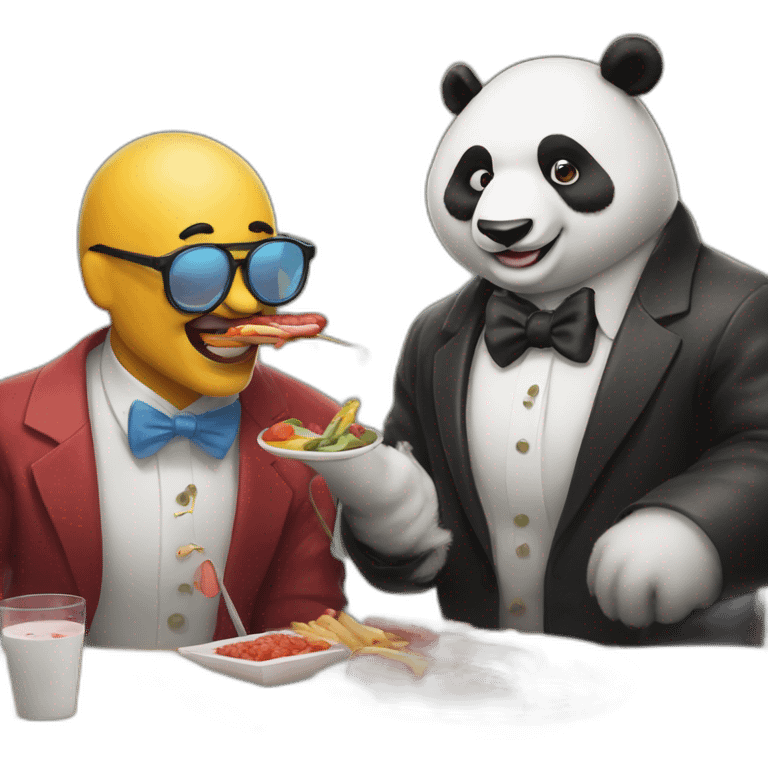 A professor and a panda in clown makeup are sitting and eating hotdogs with shrimp emoji