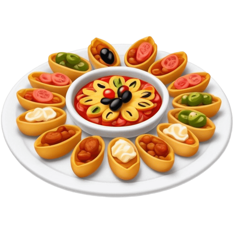 Cinematic Realistic Tapas Dish Emoji, depicted as an assortment of small, flavorful Spanish appetizers rendered with vibrant detail and warm, inviting lighting. emoji