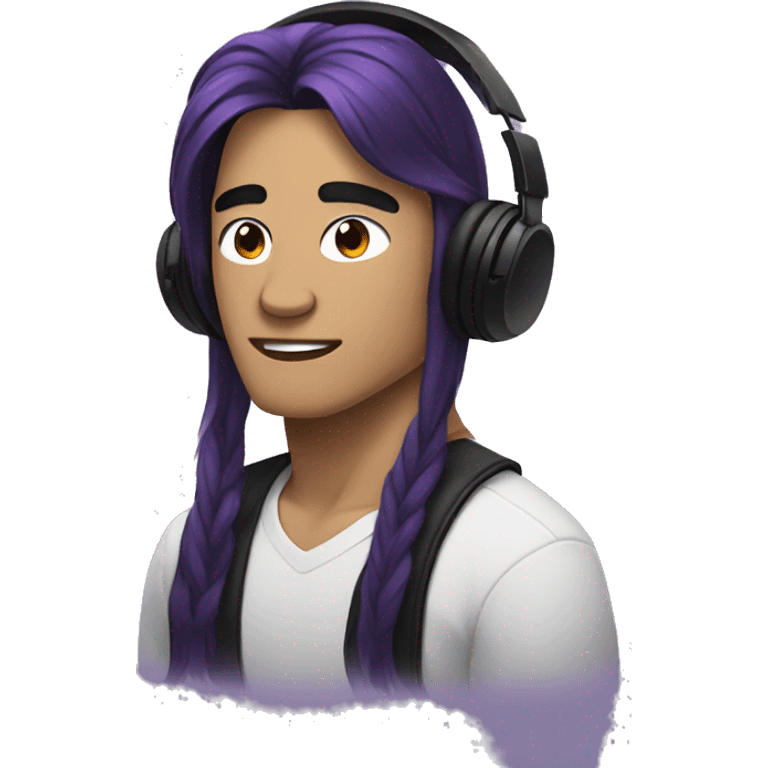 southeast asian guy with black headphones and an long black and purple hair emoji