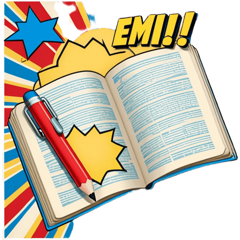 Create a vibrant emoji, representing comic books and graphic novels as an art form. The design should feature a large, opened comic book with vintage comic panels on the pages. Include a pencil (without a hand), writing text or sketching on the pages. The comic panels should have bold lines and retro-style artwork with classic comic book visuals. Use bright, energetic colors like red, yellow, and blue to evoke excitement and creativity. The overall design should feel dynamic, vintage, and artistic. Make the background transparent. emoji