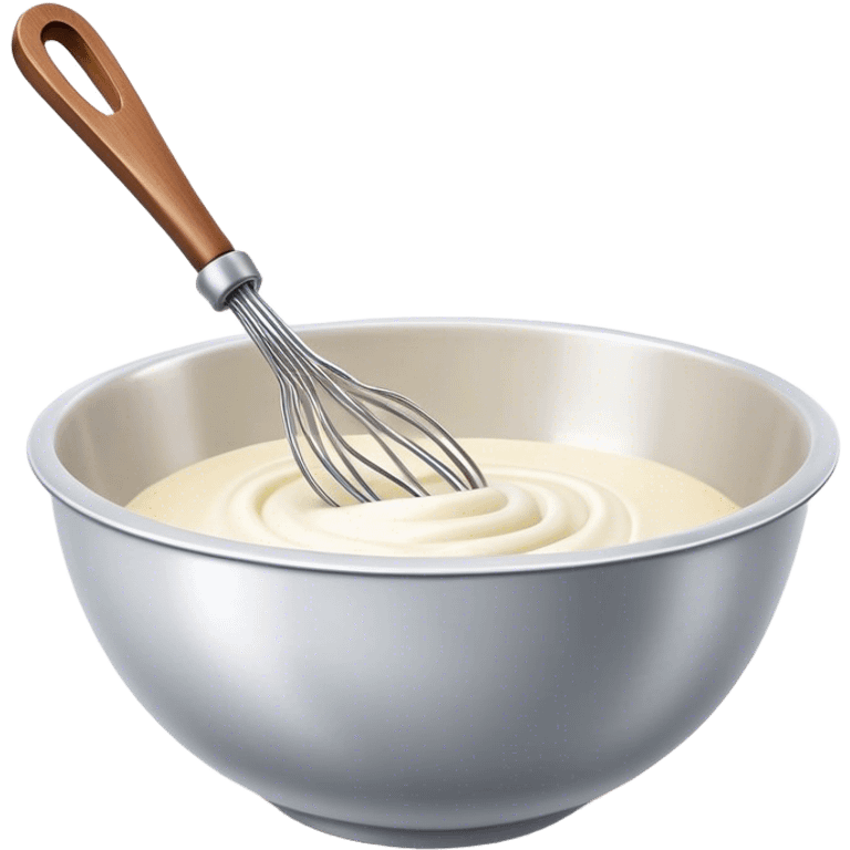 Cinematic Realistic Whisk & Mixing Bowl, a well-used metal whisk resting in a smooth ceramic mixing bowl, light reflecting off the whisk’s polished surface, subtle smears of batter along the rim, glowing with a sense of warmth and creativity. emoji