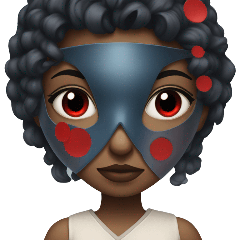 girl with dark black blueish hait having a red eye hero mask with a few big black dots on the mask emoji