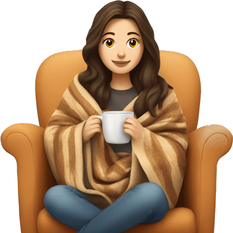 Brunette white girl covered in blanket autumn vibe sitting on a cozy chair holding coffee,  emoji