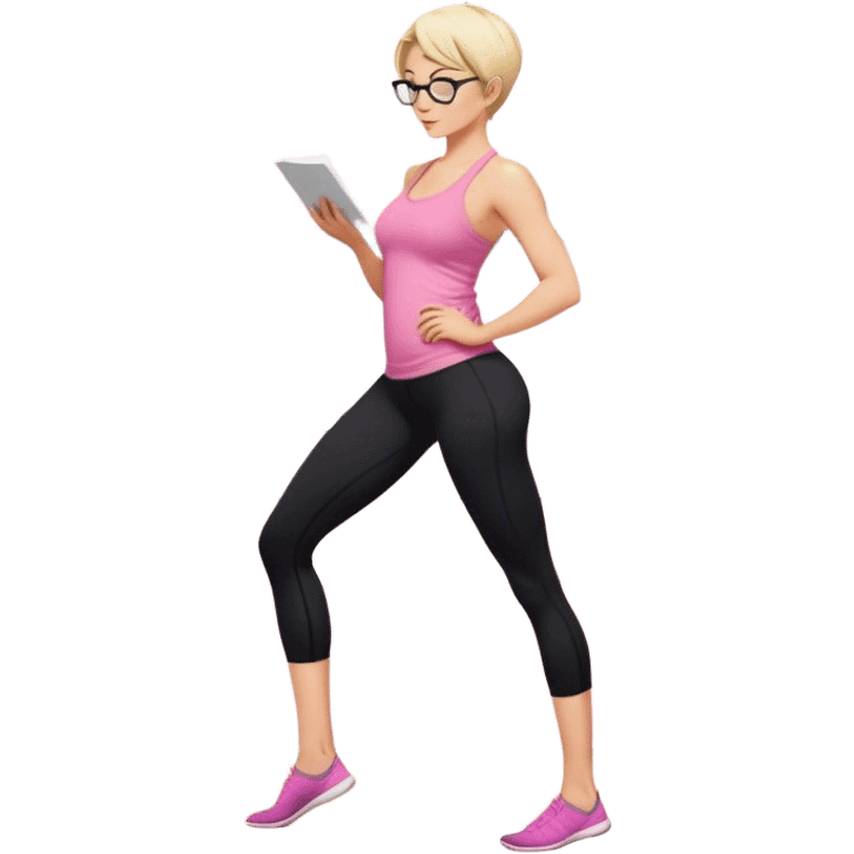 Full body view from the side, fair skinned woman, curvy, short blond hair, small reading glasses, cooking dinner in kitchen, pink loose tank top, showing natural B cup breast shape SFW, black yoga pants, large curvy booty emoji