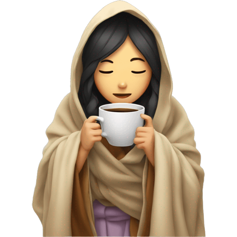 asian girl inside a blanket sipping coffee eyes closed emoji