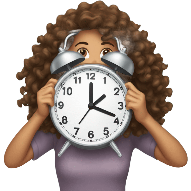 Brown curly hair girl popping out from behind an alarm clock emoji