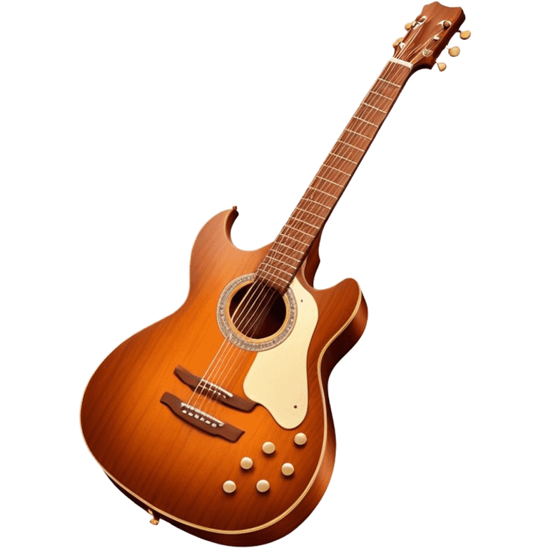 Cinematic Realistic Guitar, smooth mahogany body with deep wood grain, metal strings catching soft reflections, intricate tuning pegs gleaming subtly, warm light accentuating the contours, glowing with the warmth of music and craftsmanship. emoji