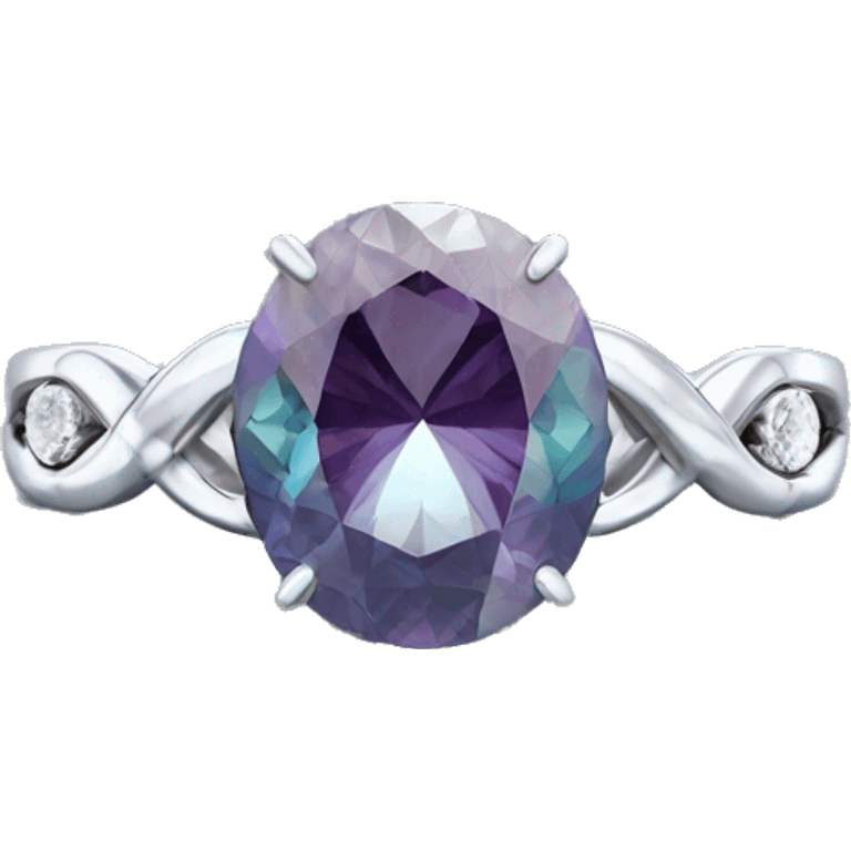 Engagement ring with center diamond, alexandrite on either side. Silver band with infinity pattern emoji