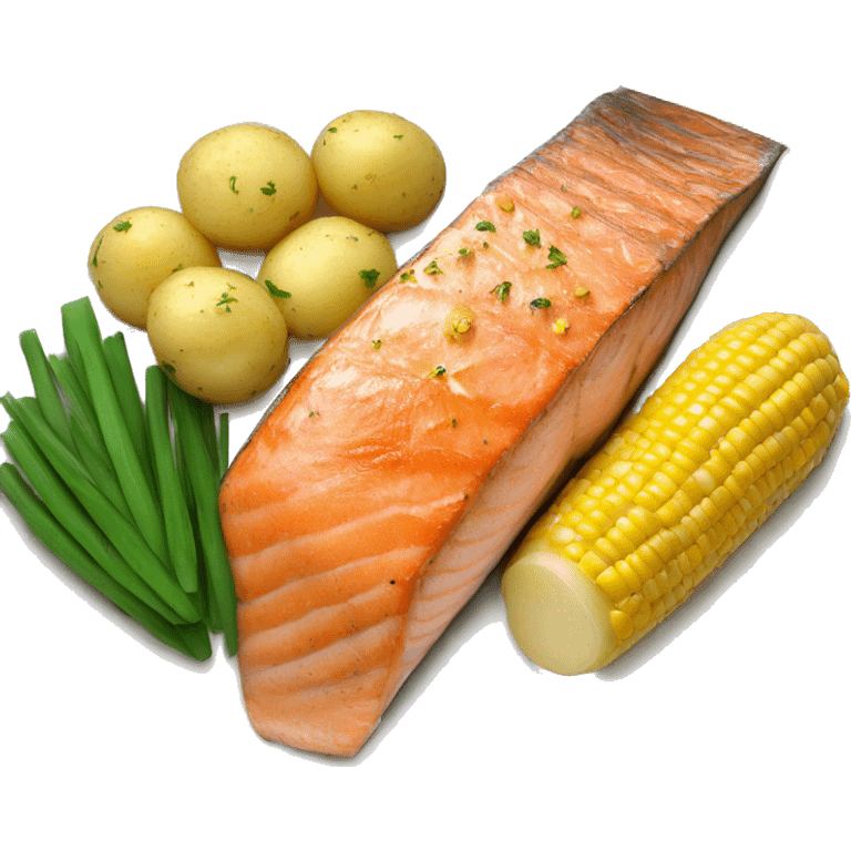 baked Salmon with little potatoes and corn on the cob emoji