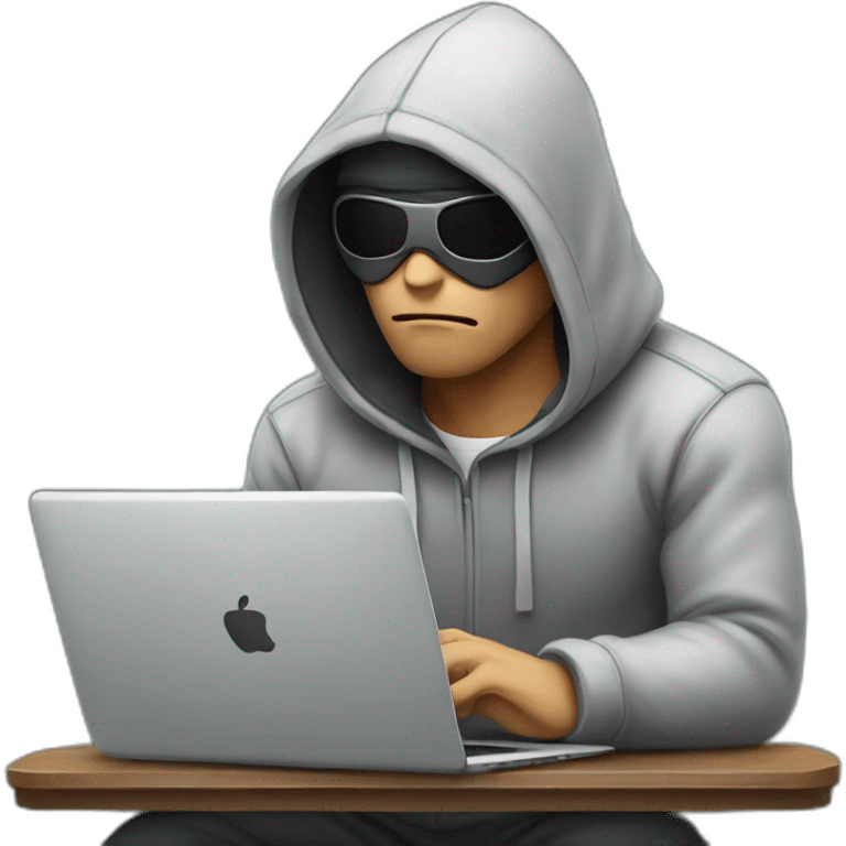 Man wearing a hoodie eye patch looking evil and typing on laptop emoji