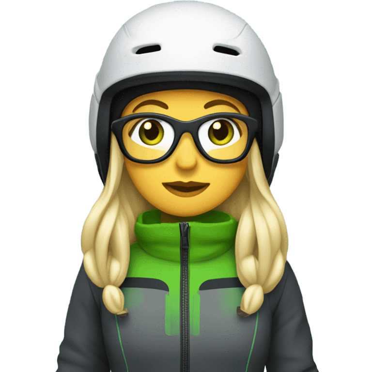 Green-eyed, fat female skier with long straight blonde hair, glasses, white ski helmet, grey snow jacket, long black pants, black only snow boots standing tall. emoji