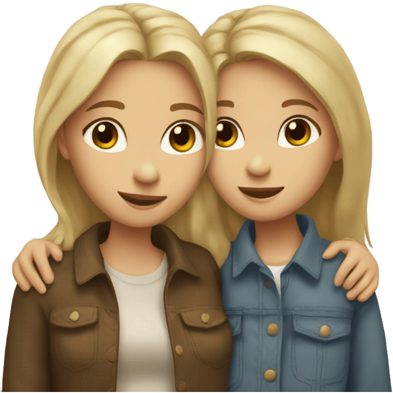 A lesbian couple hugging intimately one girl is white with brown eyes and dirty blonde hair the other is more masculine presenting but still feminine  emoji