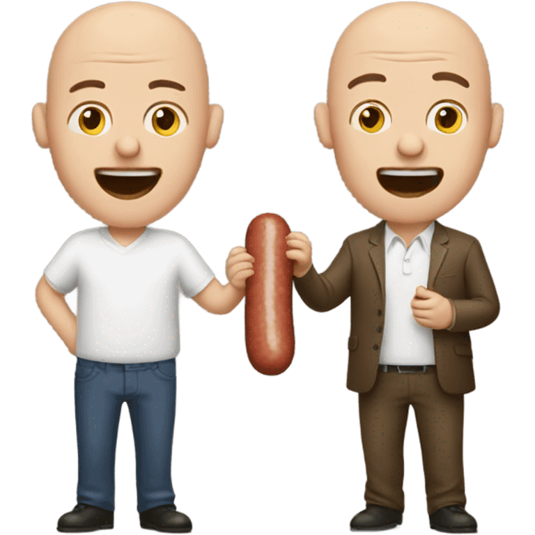 Two man eating one sausage one bald the other with brown hair emoji