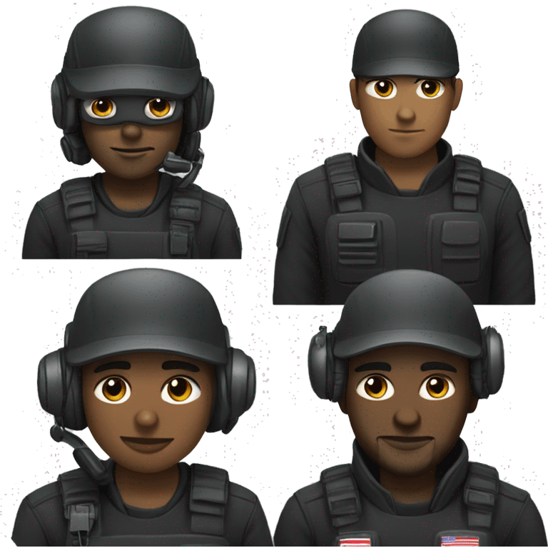 operator dressed in black with a milatary helmet, without glasses, wearing a headset, preferably american male emoji