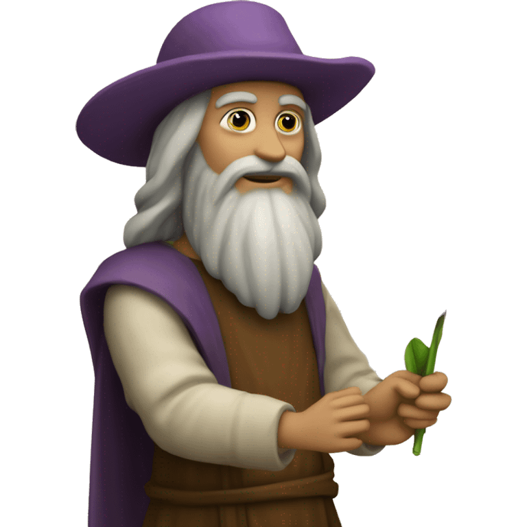 leonardo da Vinci holds a purple flower in his hands emoji