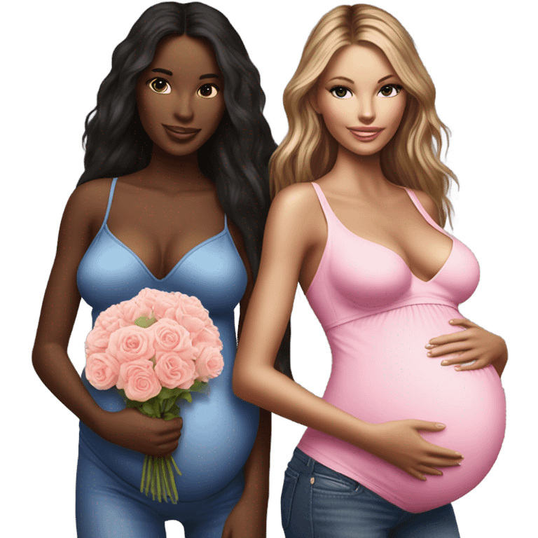 Realistic Photo of 2 Victoria secret models pregnant posing with flowers emoji