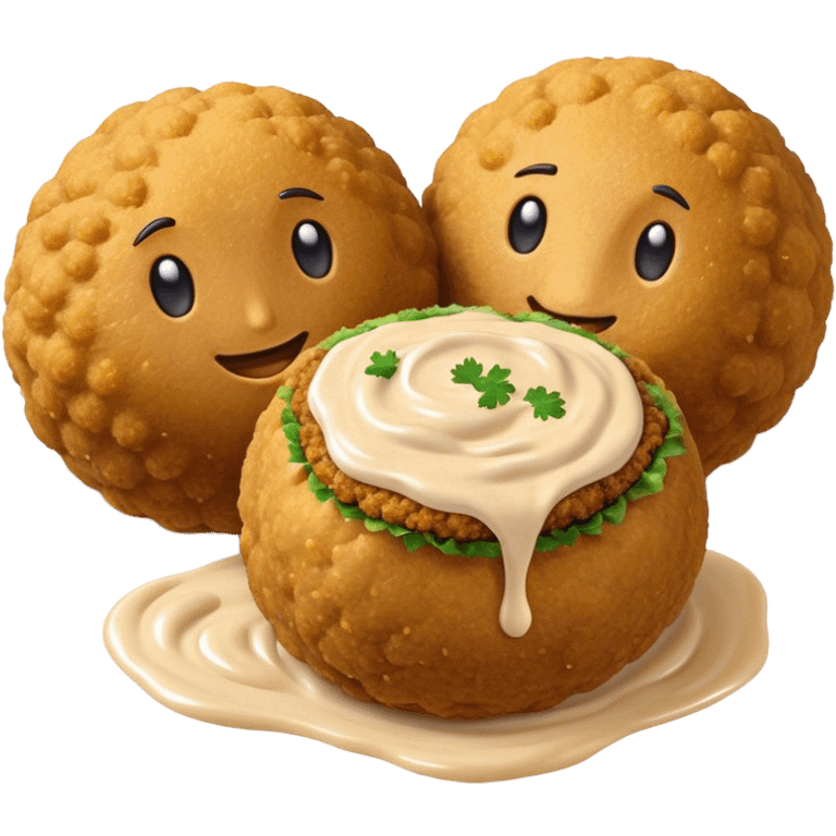 Cinematic Realistic Falafel Dish Emoji, depicted as crispy, golden falafel balls served with tahini sauce rendered with lifelike textures and vibrant, appetizing lighting. emoji