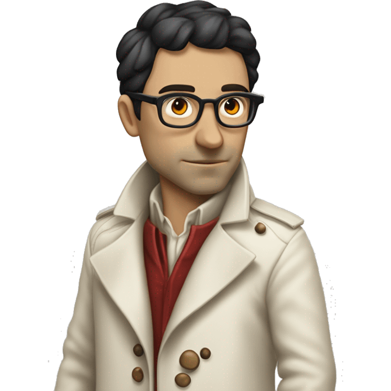 <excerpt>
A white man with real short Black hair, short mutton shops donning small red tinted sun glasses in a dirty white trench coat, is an alchemist.
</excerpt> emoji