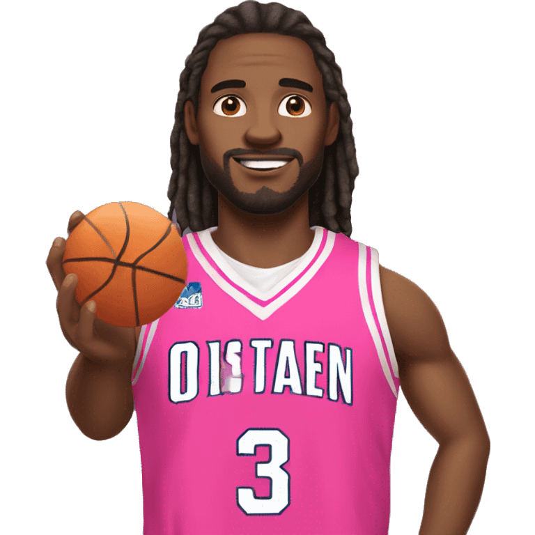 An emoji of a white-skinned man with slightly long hair, wearing a pink basketball jersey and holding a pink basketball emoji