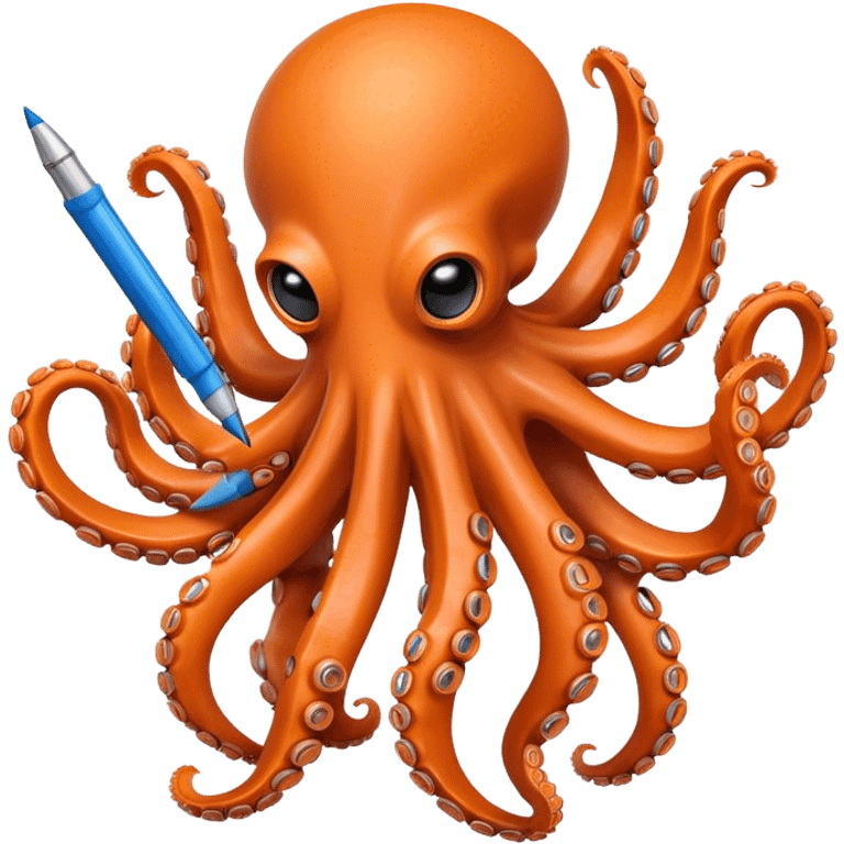 Friendly orange octopus robot holding 8 pens emoji