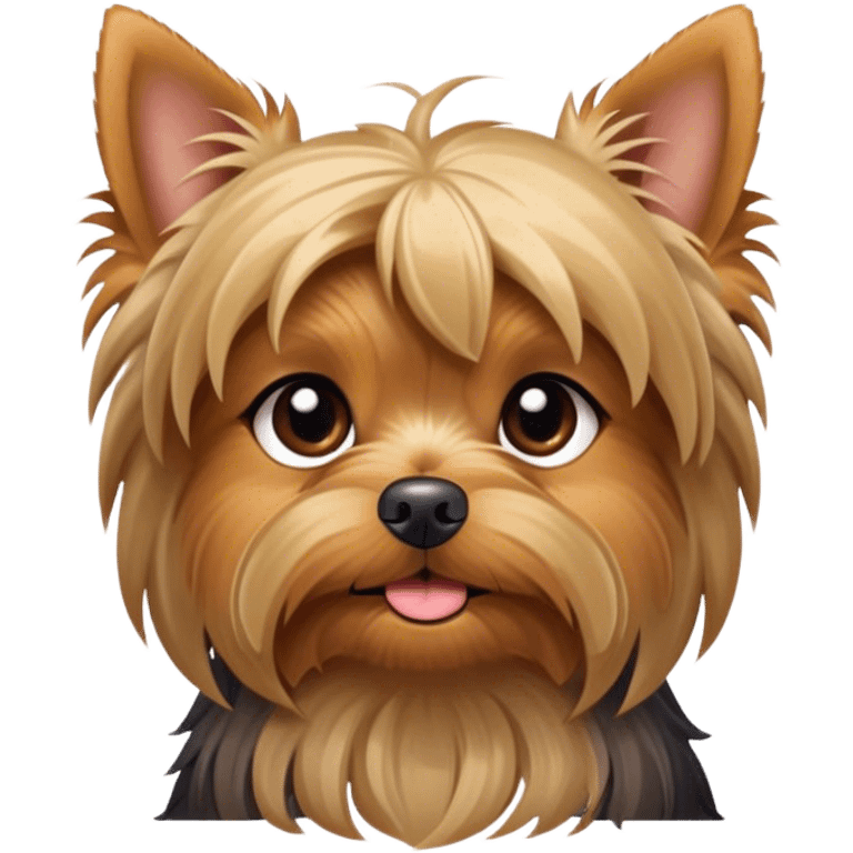 Cinematic Cute Yawning Yorkshire Terrier Portrait Emoji, Head tilted with a playful, drowsy expression and droopy, adorable eyes, featuring a soft, well-groomed fur in rich hues, simplified yet irresistibly endearing, highly detailed, glowing with a warm, cozy radiance, high shine, exuding a relaxed yet spunky charm, styled with a gentle, soft glowing outline, capturing the essence of a Yorkshire Terrier mid-yawn that seems as if it could cuddle right off the screen! emoji