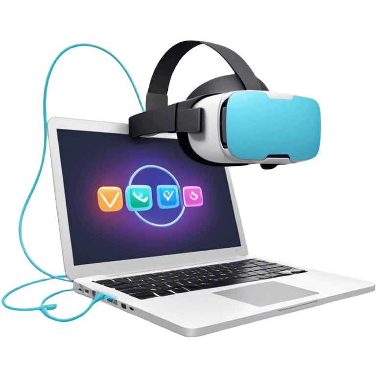 VR headset connected by a wire to a laptop. On the laptop screen, a VR/AR modeling program is open. Floating 3D models or virtual objects. Modern, tech-inspired colors. No emojis or smiley faces. Transparent background. emoji