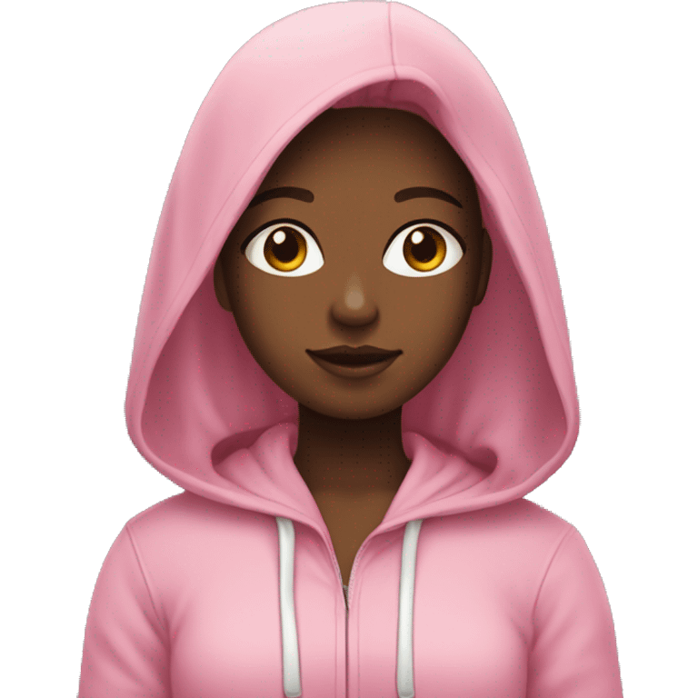 girl in pink hoodie with long dark hair and one white curl emoji