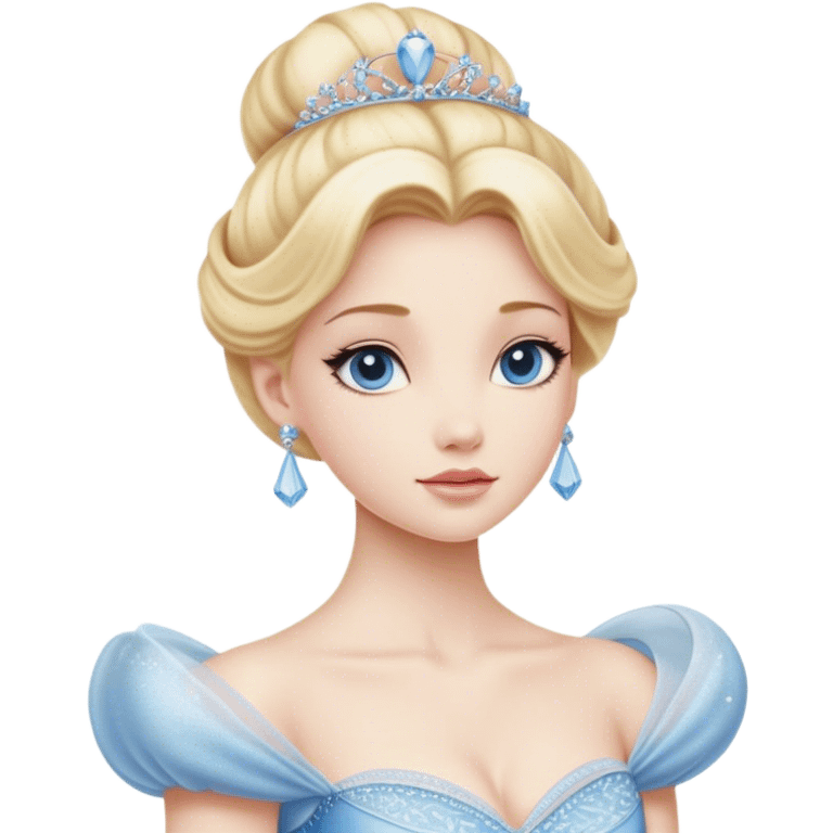 Cinematic Realistic Cinderella Portrait, depicted with lifelike porcelain skin, elegantly styled blonde hair, and a serene, graceful expression. Dressed in her classic ball gown with intricately detailed fabric textures and delicate pastel hues that catch soft, natural lighting, this portrait captures the timeless beauty of a fairy tale princess. emoji