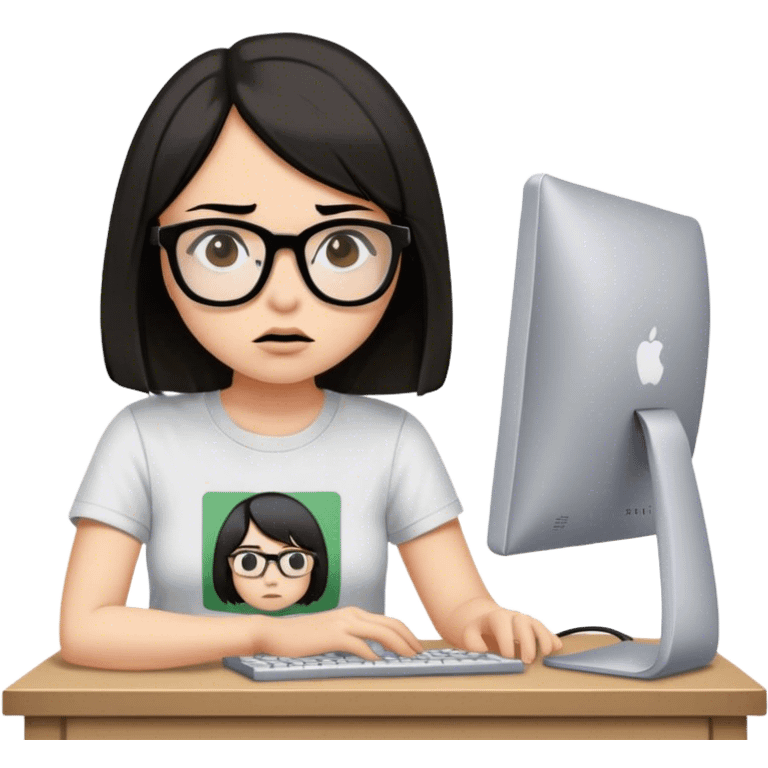 girl with black brown bob hair wearing glasses is having a brain fog while working on her old computer wearing a nirvana tshirt emoji