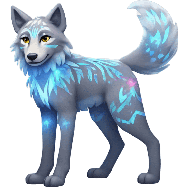 Fionbri-Falvie-sparkle-greywolf-sona with shiny glowing colorful tribal markings full body emoji