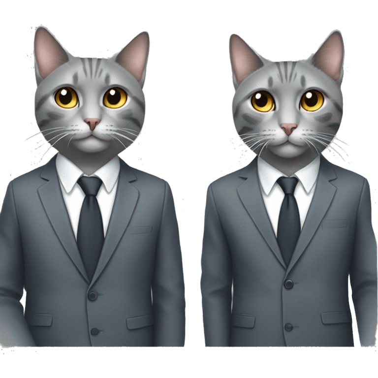 Two gray colored cats, wearing headphones, smiling, standing back to back with suits both wearing headphones.   emoji