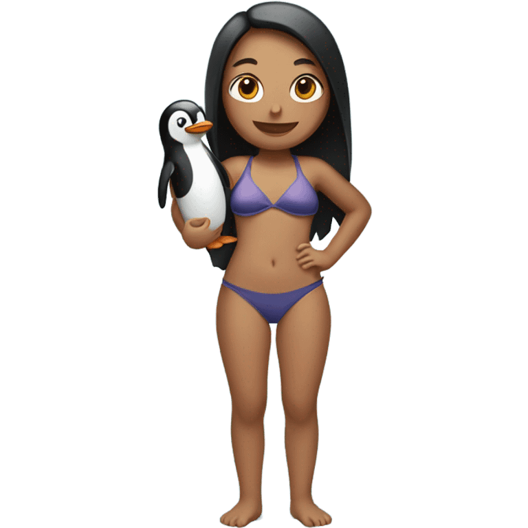 Girl in a swimsuit holding a penguin emoji