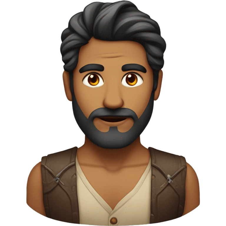 indian man with middle parted wavy hair swept to the sides, he has thick eyebrows, high cheekbones, hollow cheeks, handsome, faint mustache and some chin beard, balbo beard. emoji