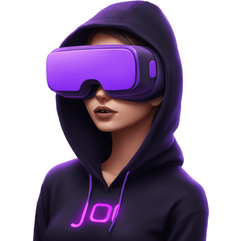 Russian girl wearing black hoody with violet letters "OMG", in vr headset. Cyberpunk style. Violet neon. emoji