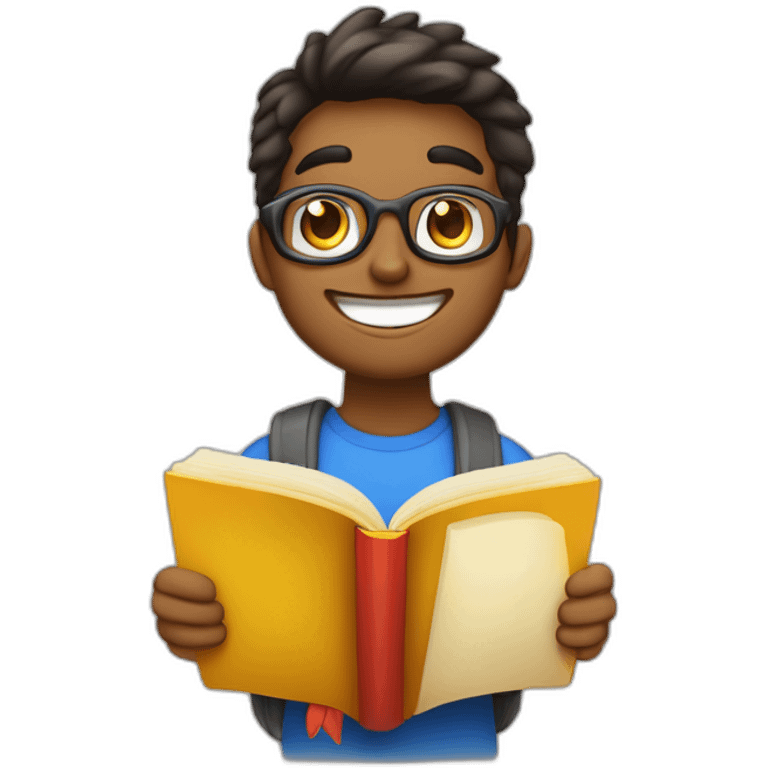 joven estudiante con todos sus libro muy feliz y sonriente con un libro en sus manos y sobre su cabeza emoji