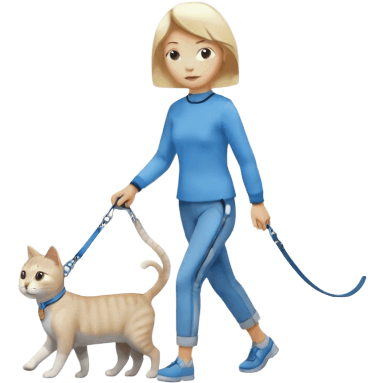 blonde short-haired woman walking a gray and white cat on a blue leash emoji