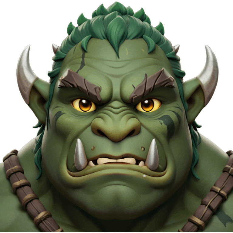 Cinematic Noble Ogre Portrait Emoji, Majestic and imposing, with a rugged, muscular form in deep earthy greens and browns, adorned with battle scars and subtle tribal markings, exuding calm, noble strength and unexpected wisdom, simplified yet strikingly detailed, glowing with a shadowy outline that captures the essence of a gentle giant with fierce heart! emoji