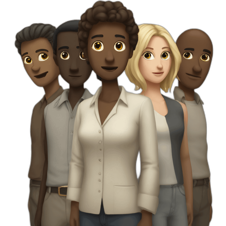 six dark-skinned men stand behind a pale woman emoji