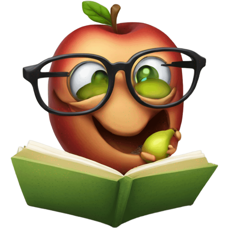 Worm wearing glasses reading a book eating an apple emoji