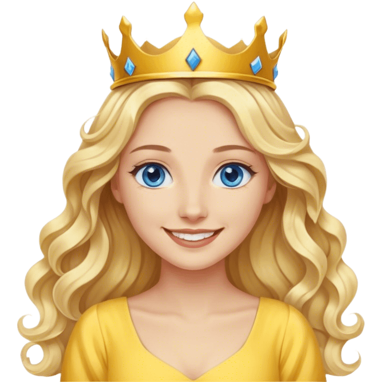 blonde woman, blue eyes, long wavy hair, smiling wearing a yellow dress and a small crown on her head  emoji