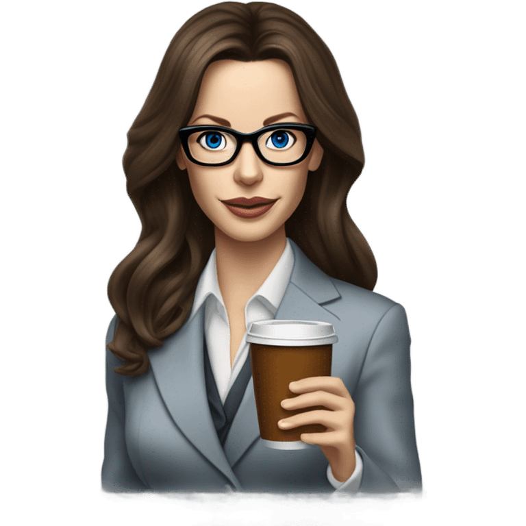 Realistic Kate Beckinsale blue eyes wearing glasses in a business dress drinking a cup of tea  emoji