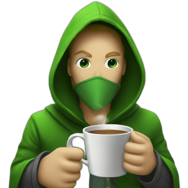 Green hooded assassin sipping coffee emoji