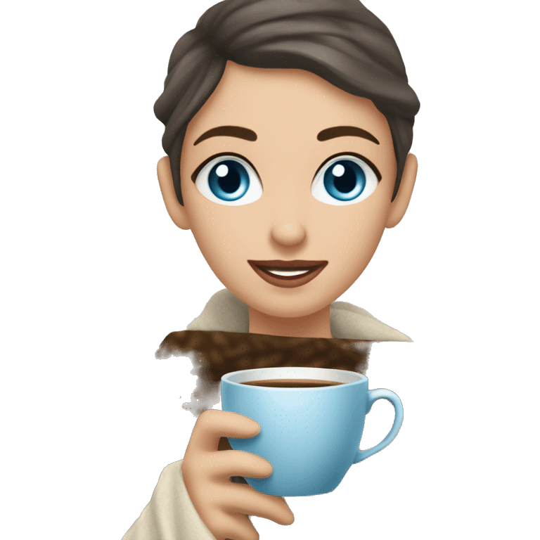 girl with blue eyes and short bown hair i lasses holding a cup of coffee wrapped in awarm blanket emoji