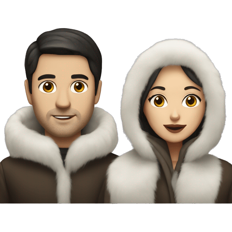 Dark haired White couple in long fur coats emoji