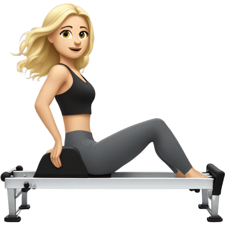 Girl on a Pilates reformer machine, mid-exercise, wearing leggings and a top, blonde emoji