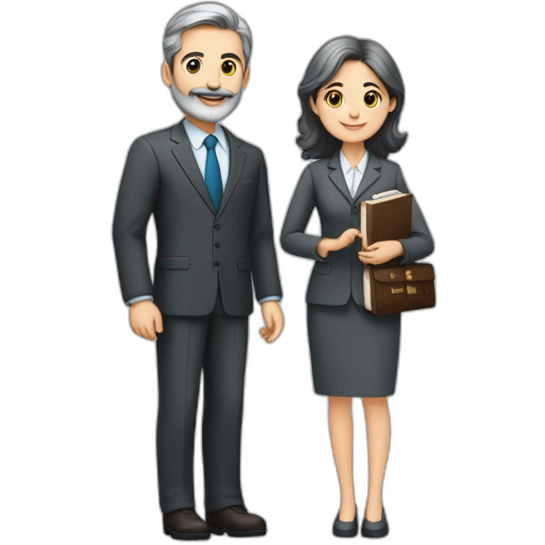 husband classy caucasian 55 dark gray hair trimmed beard wearing business suit and holding bible, with wife asian age 55 dark hair nurse uniform, no children emoji