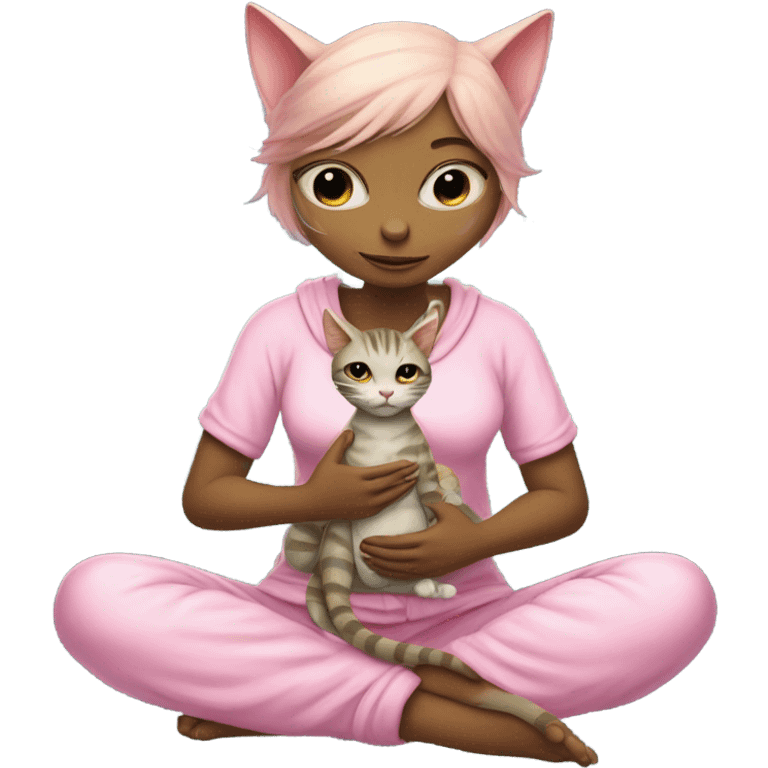 a Reptilian alien woman,in meditation, in pink pajamas, hugs a tabby cat emoji