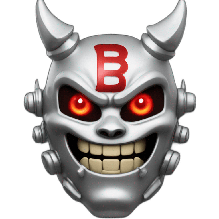 chrome demon with red lazer eyes, white teeth and letter B on the face, 3d, portrait, black background emoji