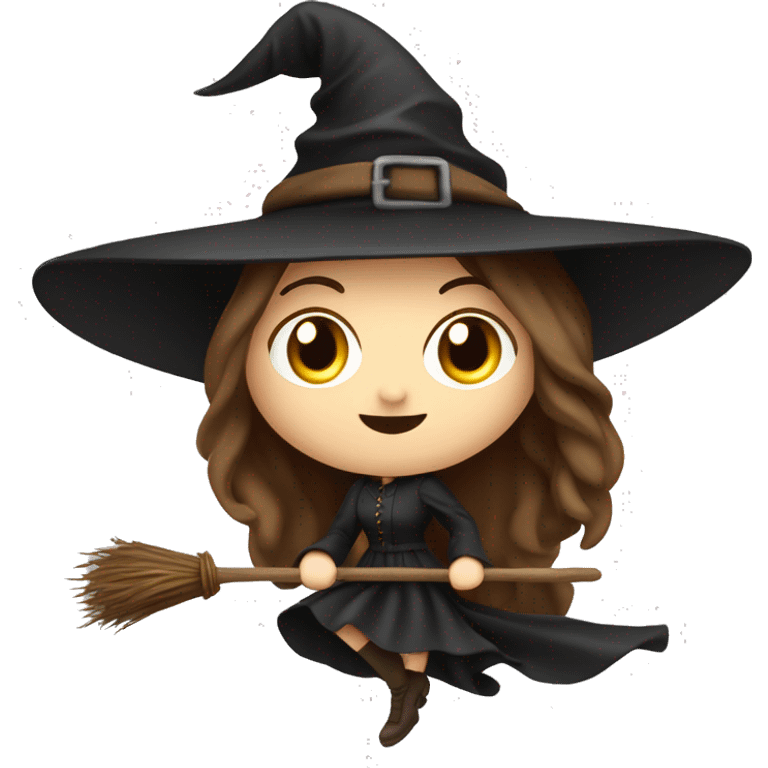 brown waistlong hair witch flying on a broom european white skin, full lips, slendr figure  emoji