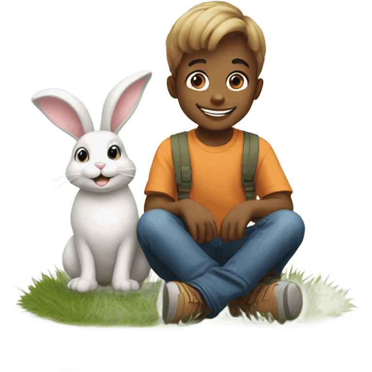 smiling boy with bunny outdoors emoji